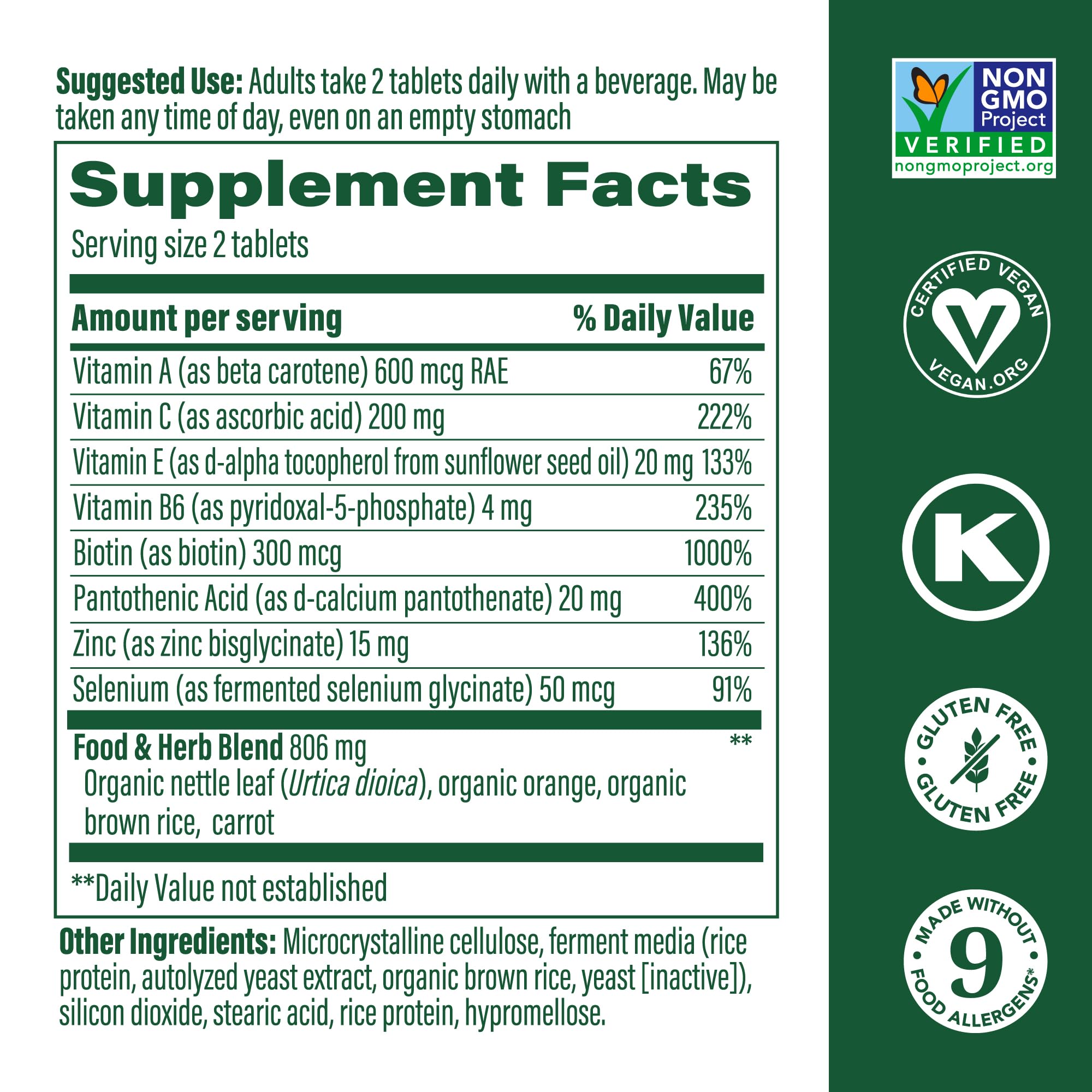 MegaFood Skin, Nails & Hair 2 tablets ready for daily use.