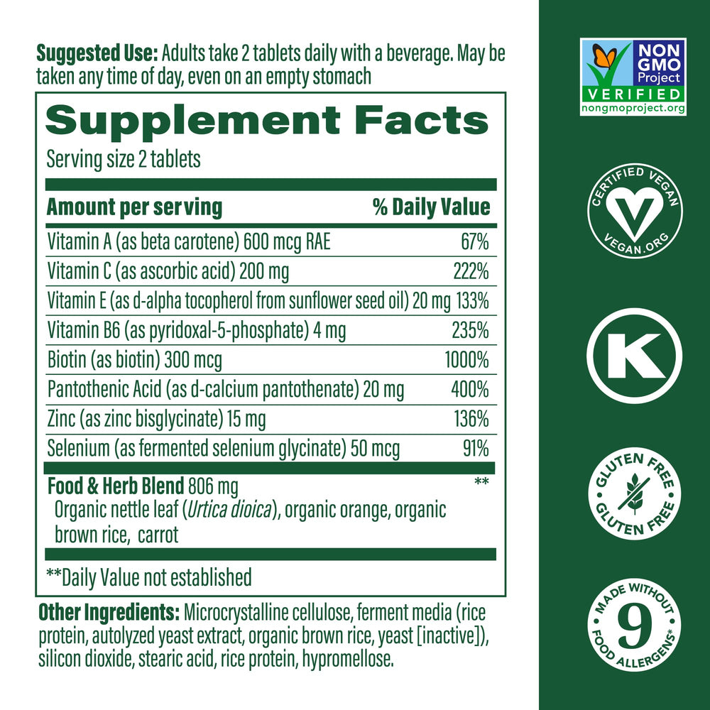 MegaFood Skin, Nails & Hair 2 tablets ready for daily use.