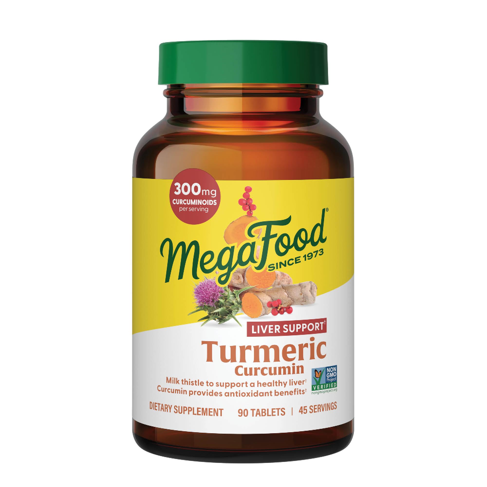 MegaFood Turmeric Curcumin bottle front view with capsules for convenient daily use.