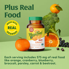 MegaFood Ultra C 400 mg blend featuring orange, cranberry and brown rice ingredients.