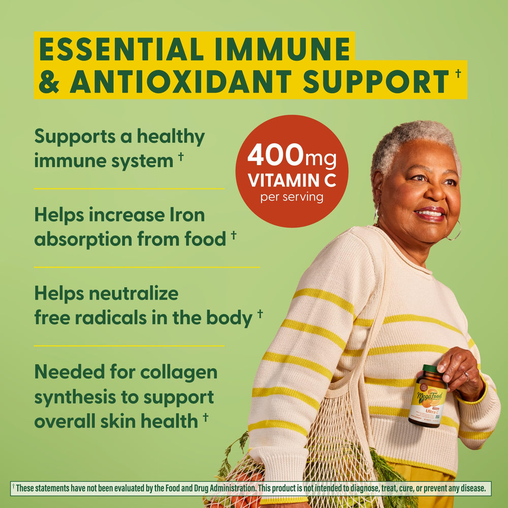 MegaFood Ultra C 400 mg real food blend ingredients visible in packaging.