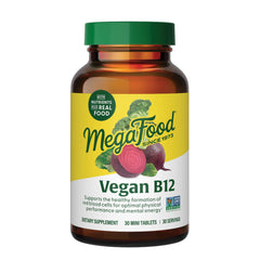 MegaFood vegan B12-B6-Folic bottle with easy-to-swallow mini tablets for daily energy support.