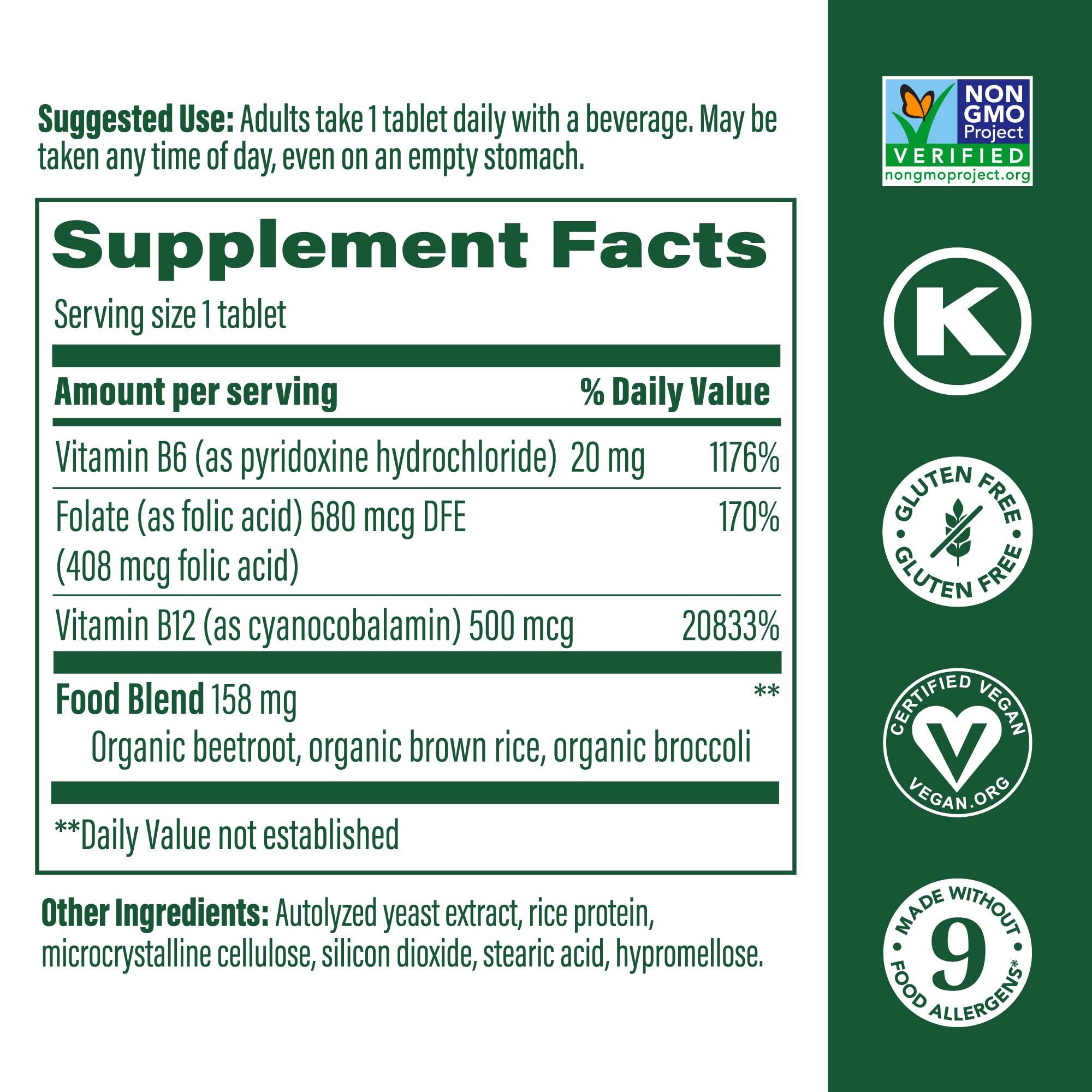 MegaFood vegan B12-B6-Folic tablets showing compact size ideal for on-the-go use.
