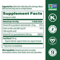MegaFood vegan B12-B6-Folic tablets showing compact size ideal for on-the-go use.