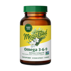 MegaFood Vegan Omega 3-6-9 bottle closeup highlighting burp-free capsules