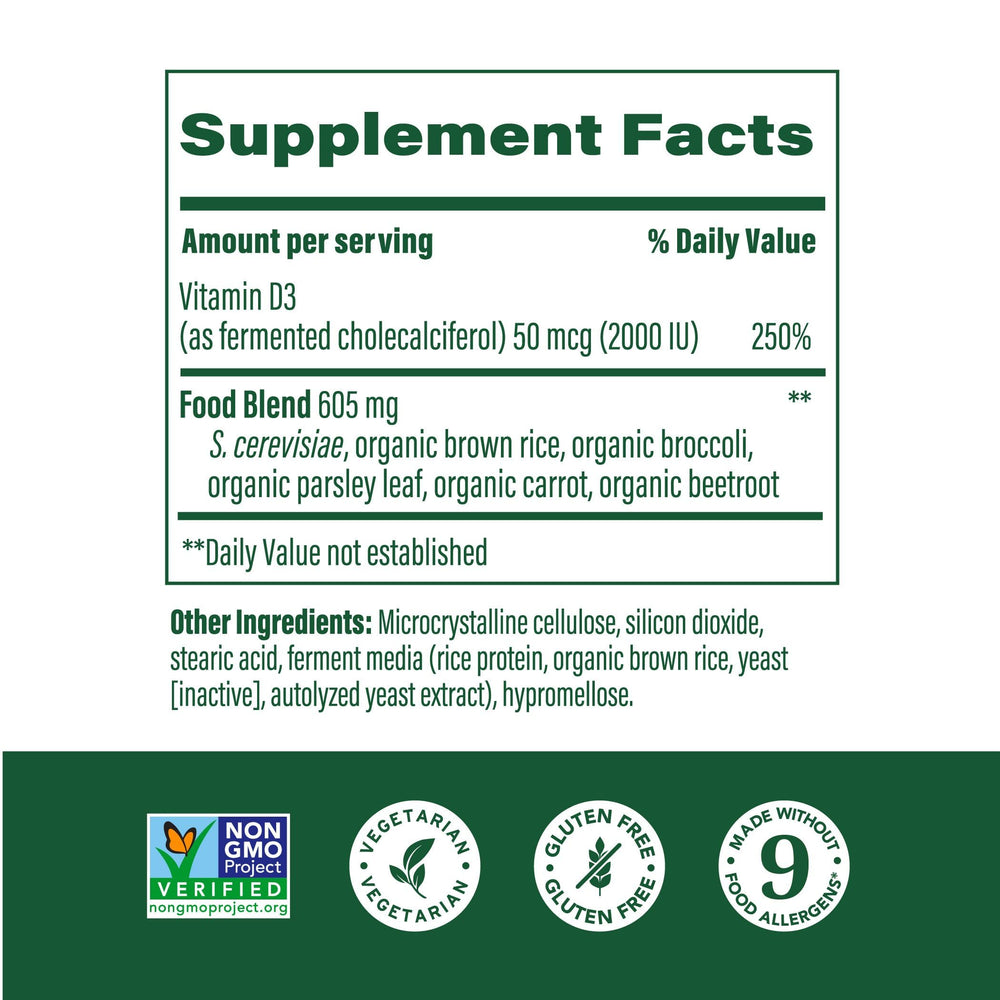 MegaFood D3 bottle back label details real-food formula and allergen-free benefits