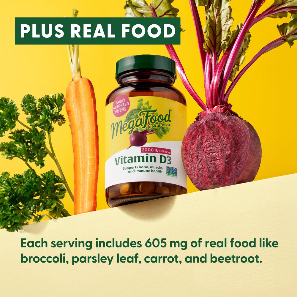 MegaFood D3 2000 IU bottle showing gluten-free, vegetarian, kosher