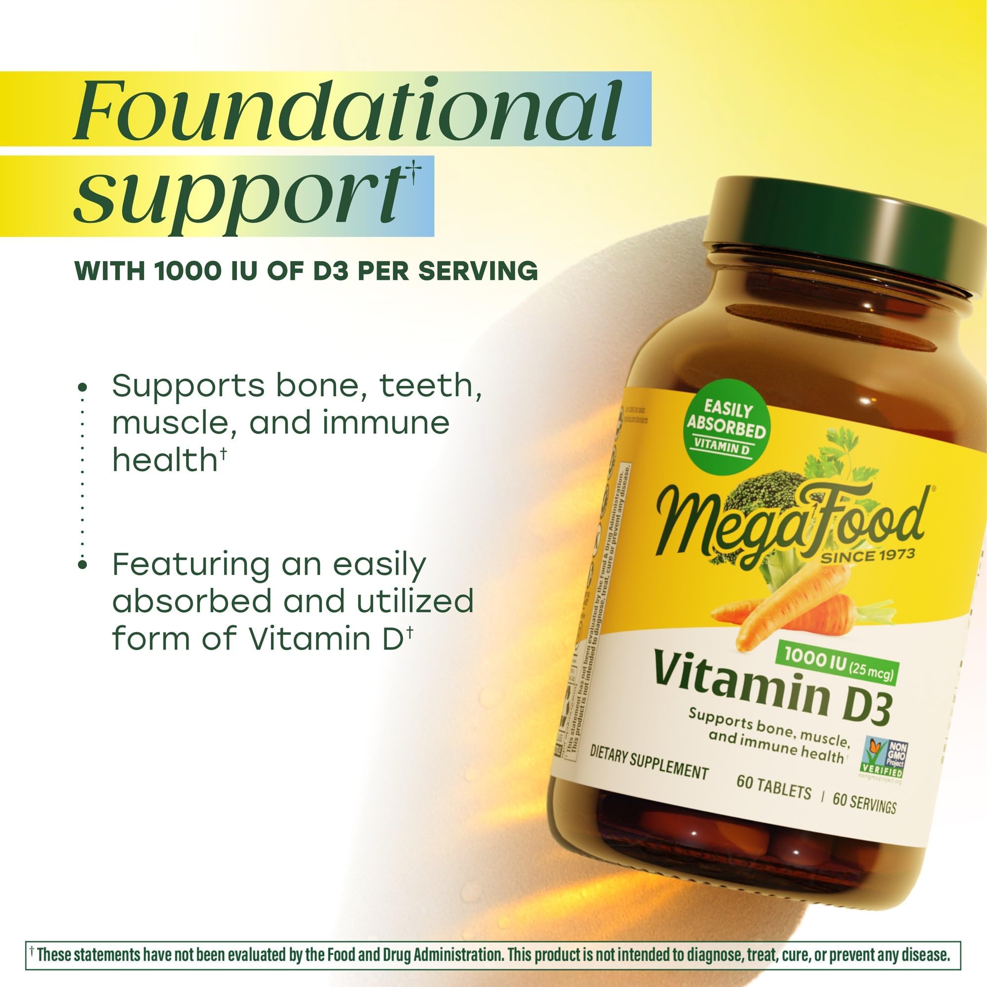 MegaFood D3 bottle with brown rice and plant ingredients visible.