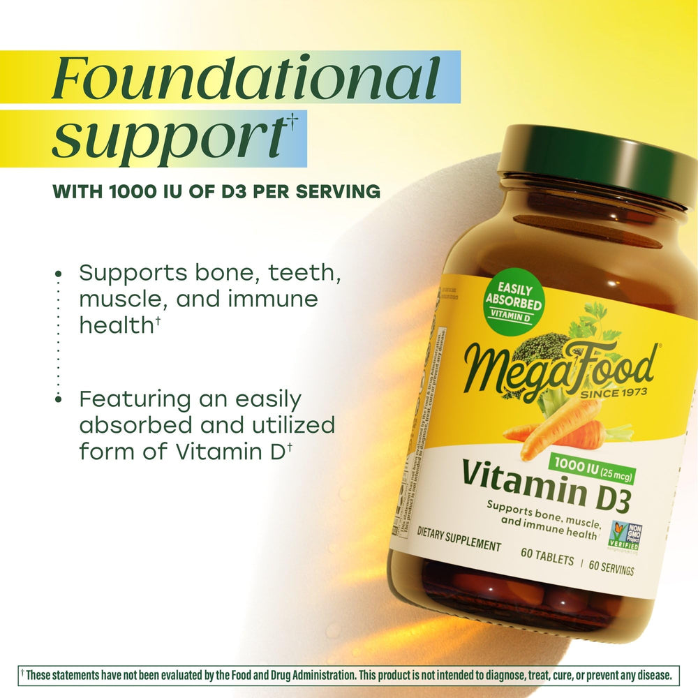 MegaFood D3 bottle with brown rice and plant ingredients visible.
