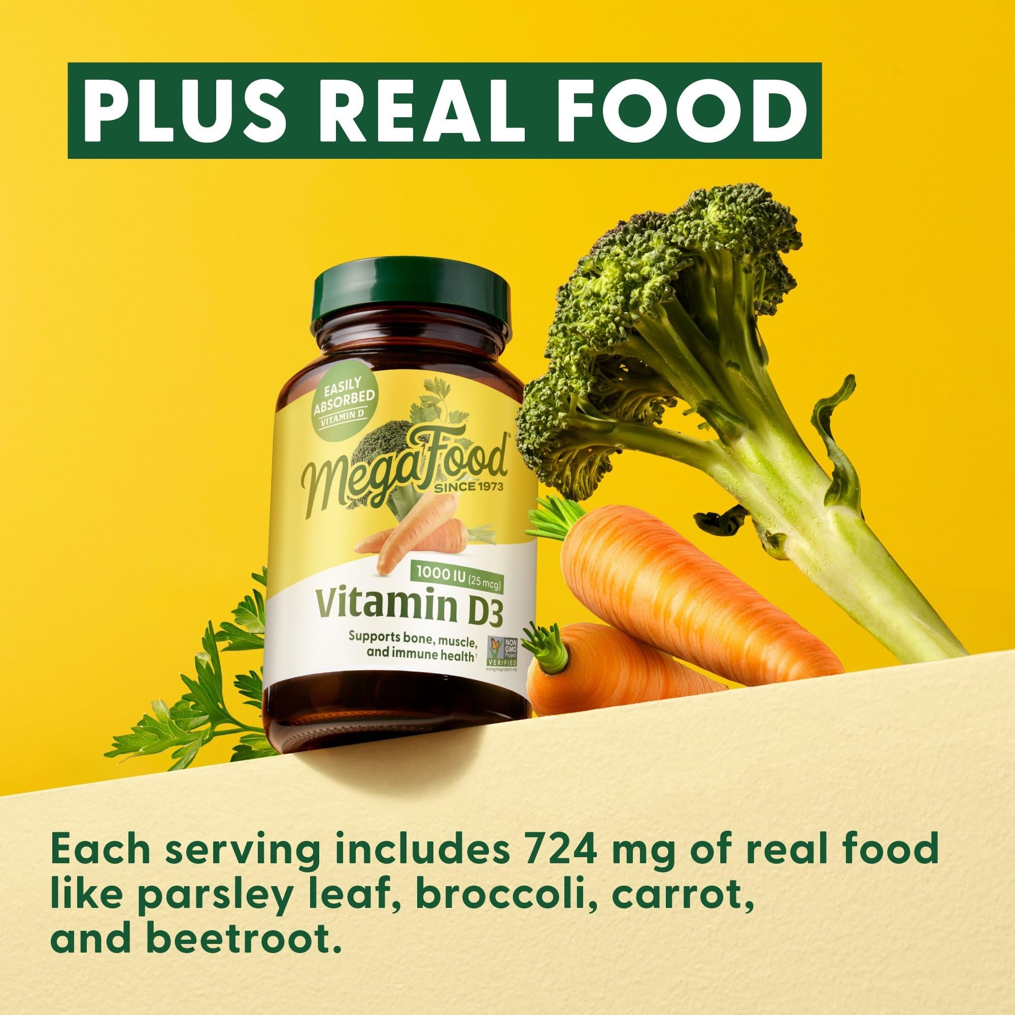 Gluten-free and kosher certification icons on MegaFood Vitamin D3 label.