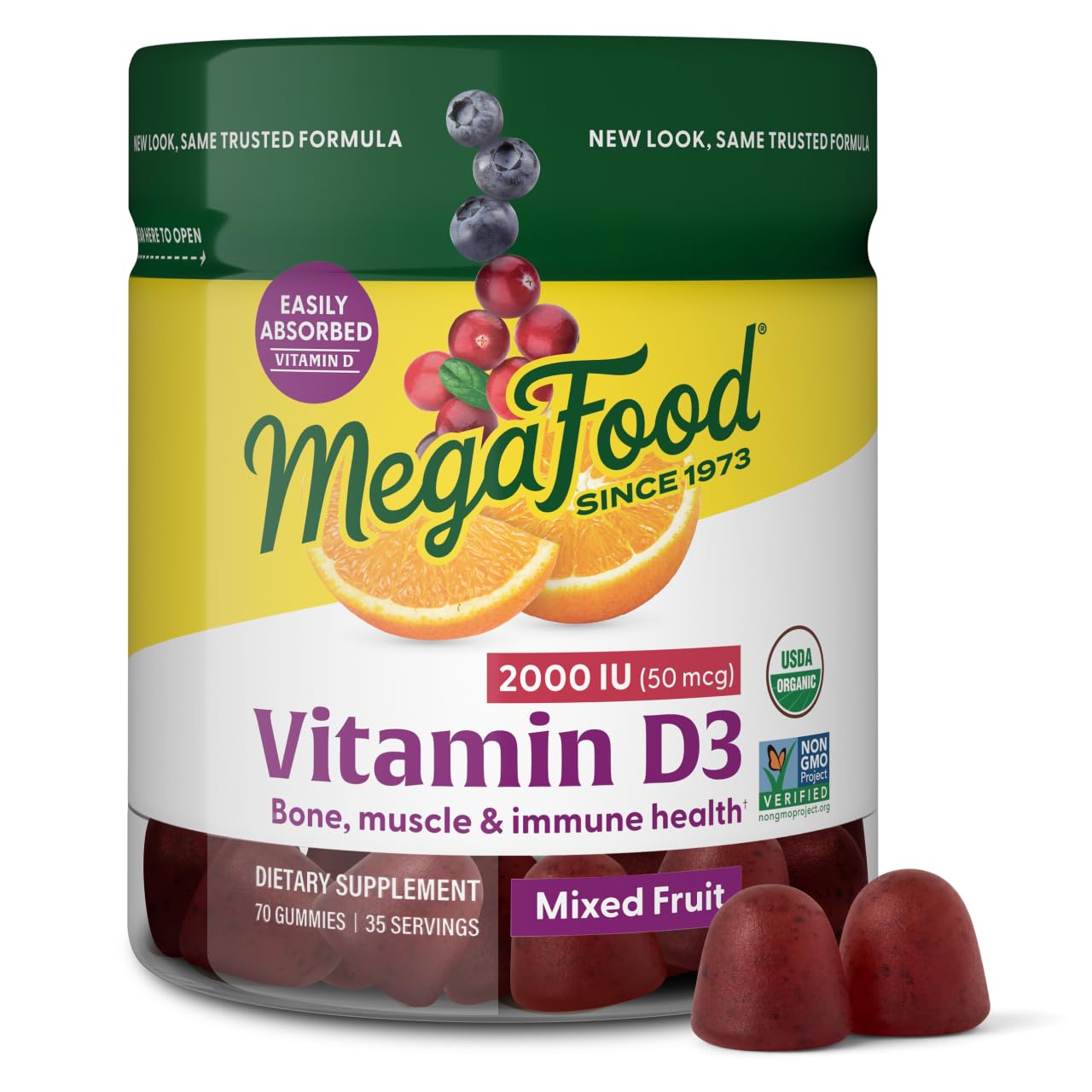 MegaFood Vitamin D3 Gummies bottle showing convenient daily immune and bone support