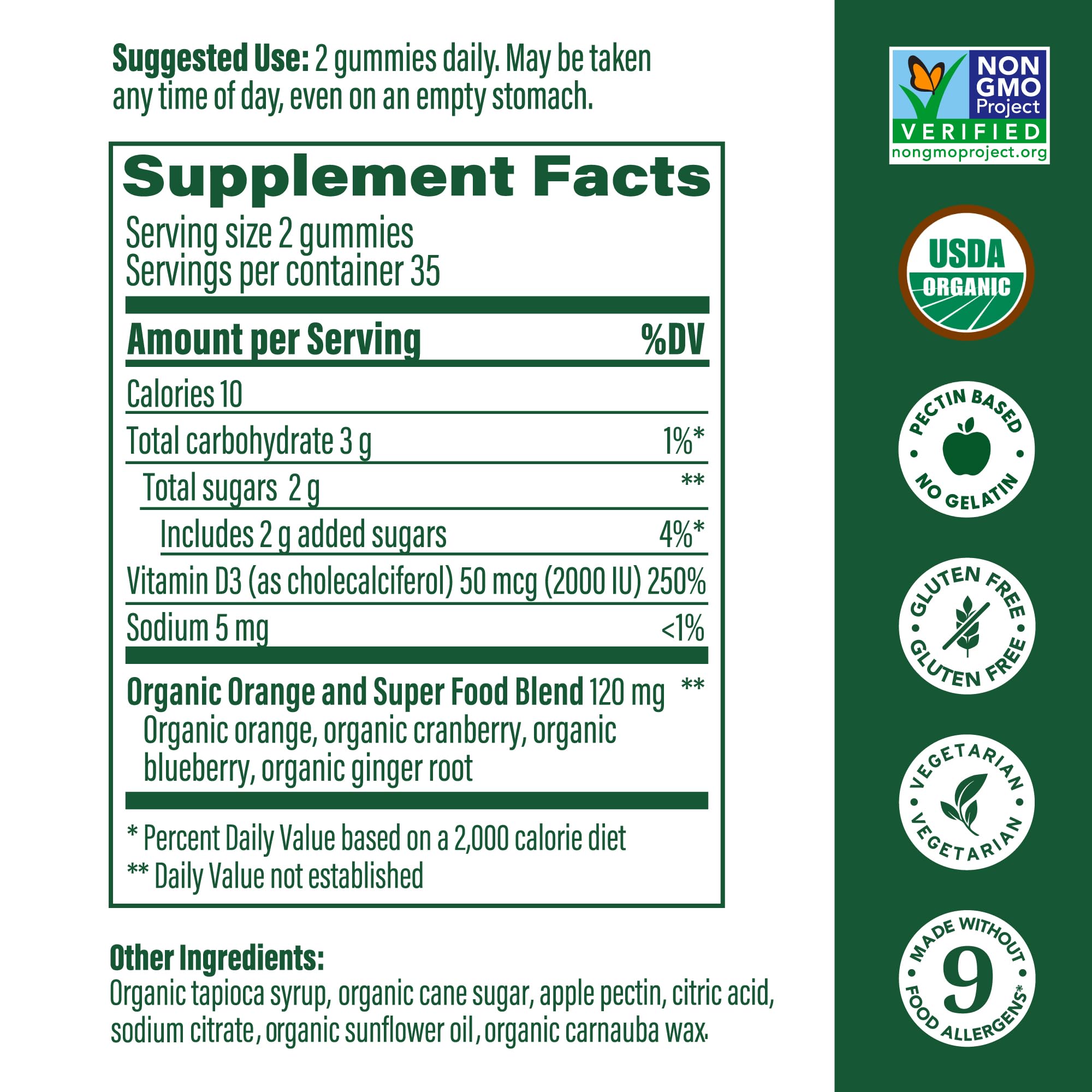 MegaFood Vitamin D3 Gummies label highlights ingredients and organic claims