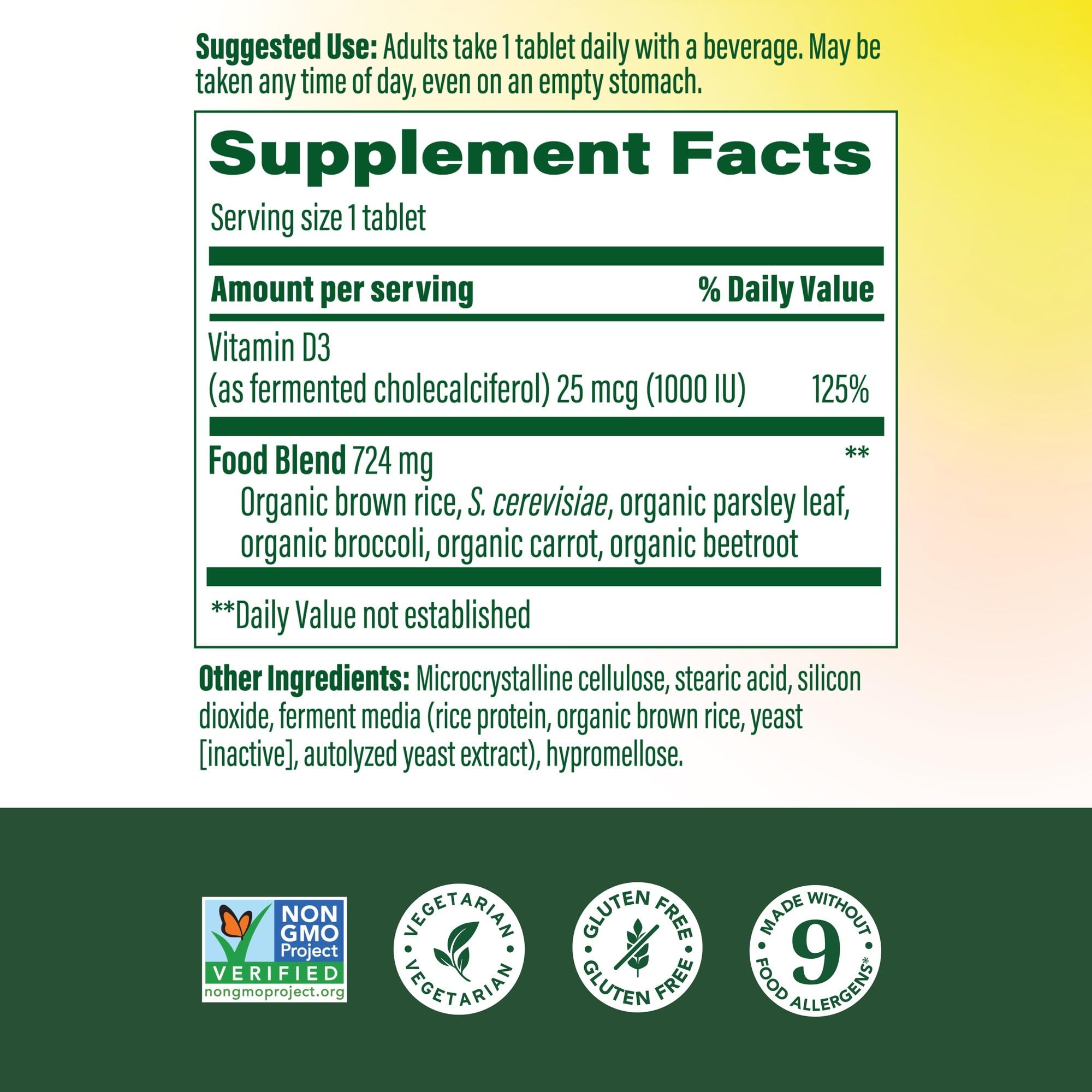 MegaFood D3 bottle label highlights real food ingredients for better quality.