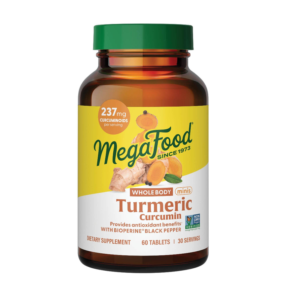 MegaFood Whole Body Minis turmeric packaging showcases compact on-the-go antioxidant support