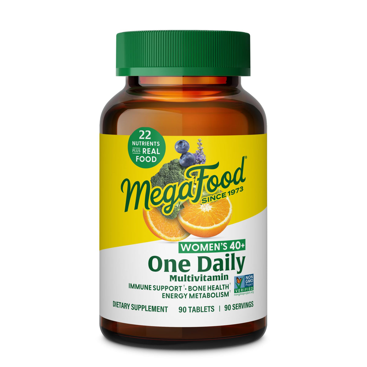 MegaFood Women 40+ multivitamin bottle showing daily nutrients for energy support.