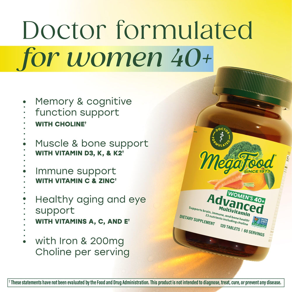 Real Food ingredients like broccoli and oranges in MegaFood vitamins.