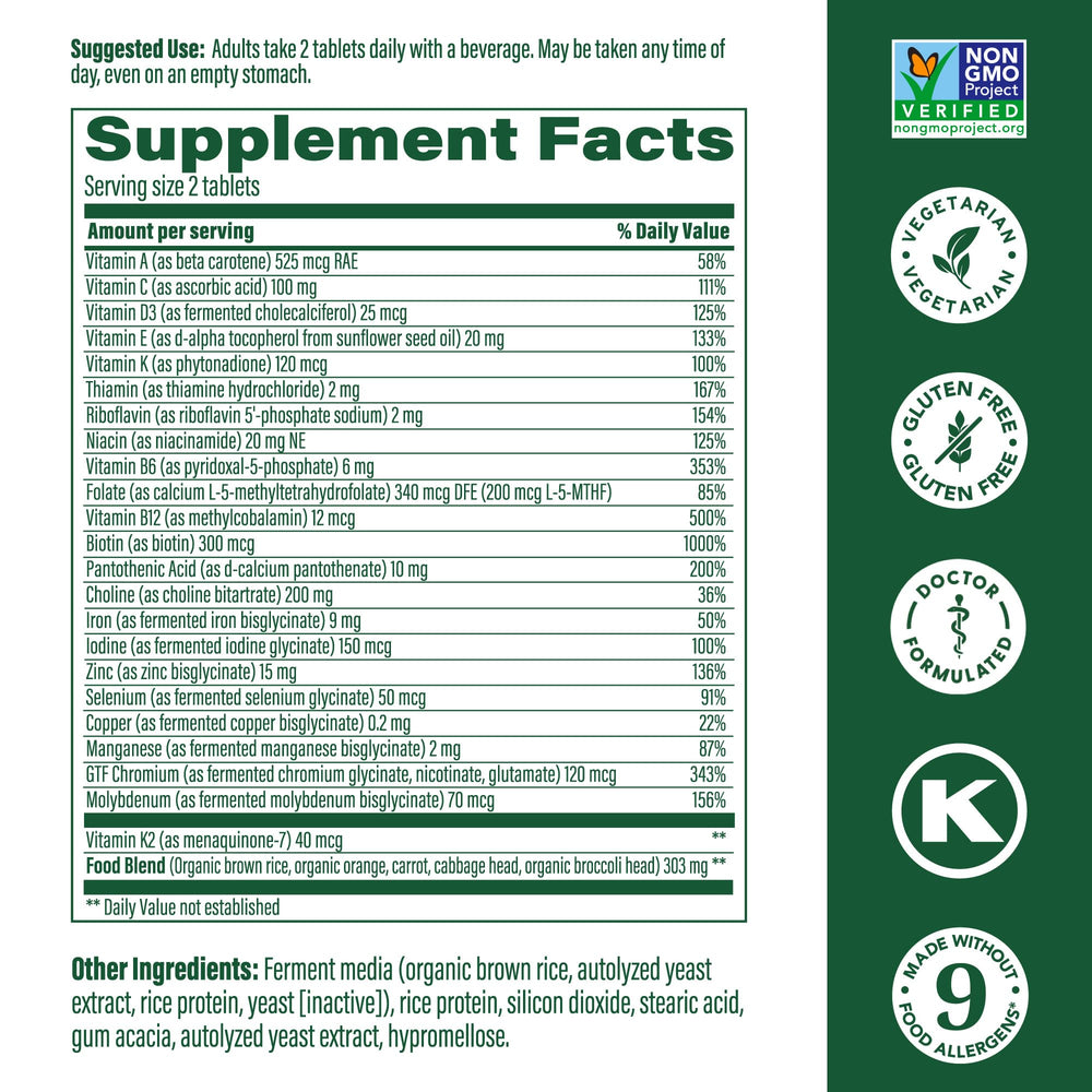Close-up of MegaFood Women's 40+ tablets highlighting easy-to-take capsules