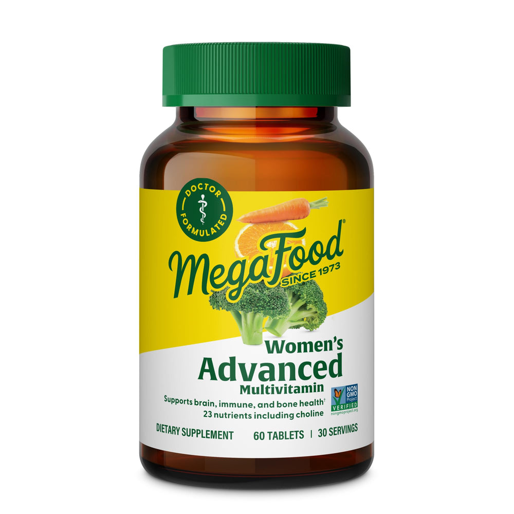 MegaFood Women's Advanced Multivitamin bottle front signaling daily wellness support