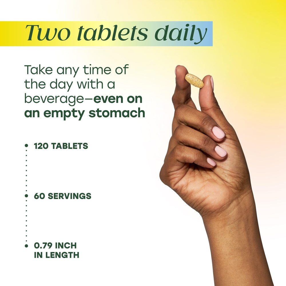 MegaFood daily-dose visual shows two tablets for easy daily routine.