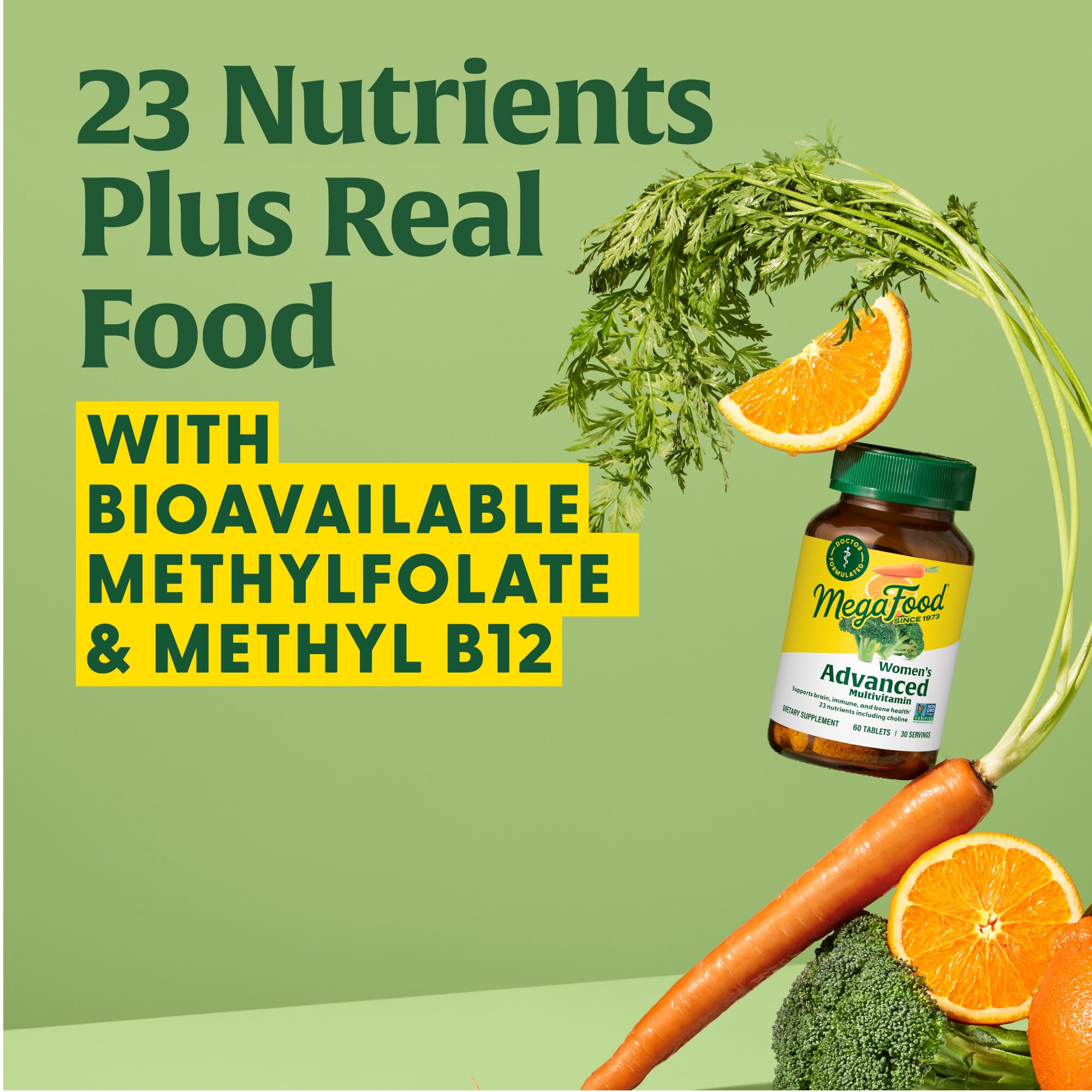 MegaFood Women's Advanced Multivitamin ingredients featuring broccoli and citrus imagery