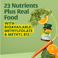 MegaFood Women's Advanced Multivitamin ingredients featuring broccoli and citrus imagery