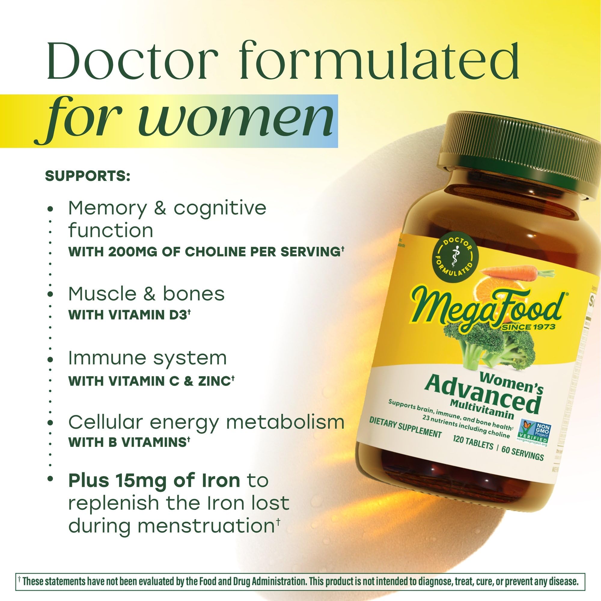 MegaFood Women's Advanced Multivitamin label highlights iron and folate.