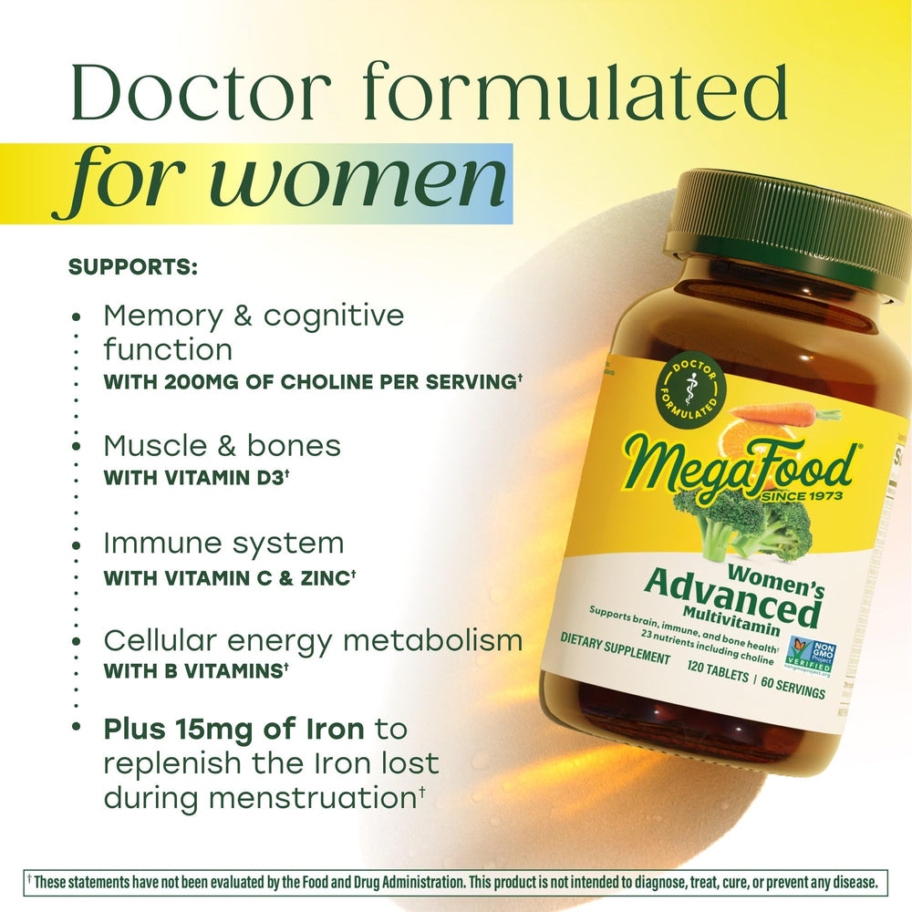 MegaFood Women's Advanced Multivitamin label highlights iron and folate.
