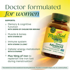 MegaFood Women's Advanced Multivitamin label highlights iron and folate.