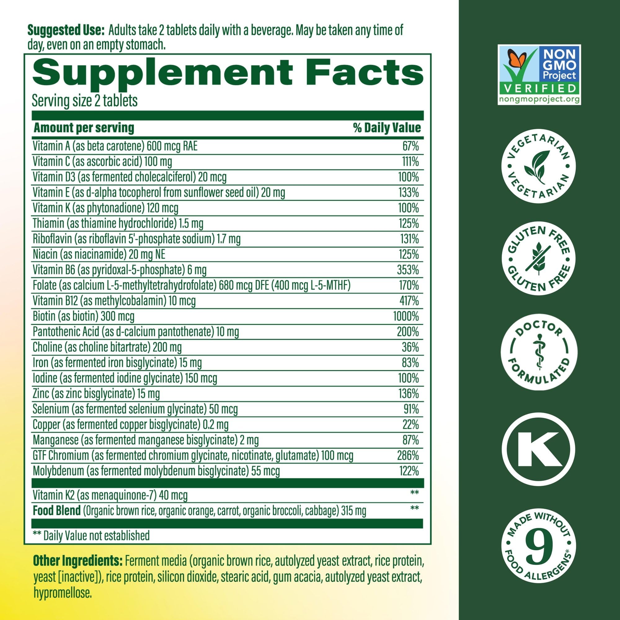 MegaFood Women's Advanced Multivitamin pills closeup showing a two-tablet daily dose.
