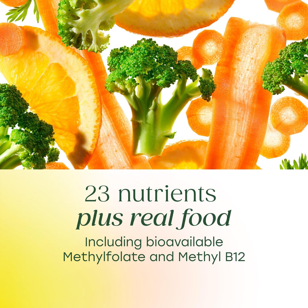 MegaFood real-food blend image with broccoli and carrots illustrates natural ingredients.