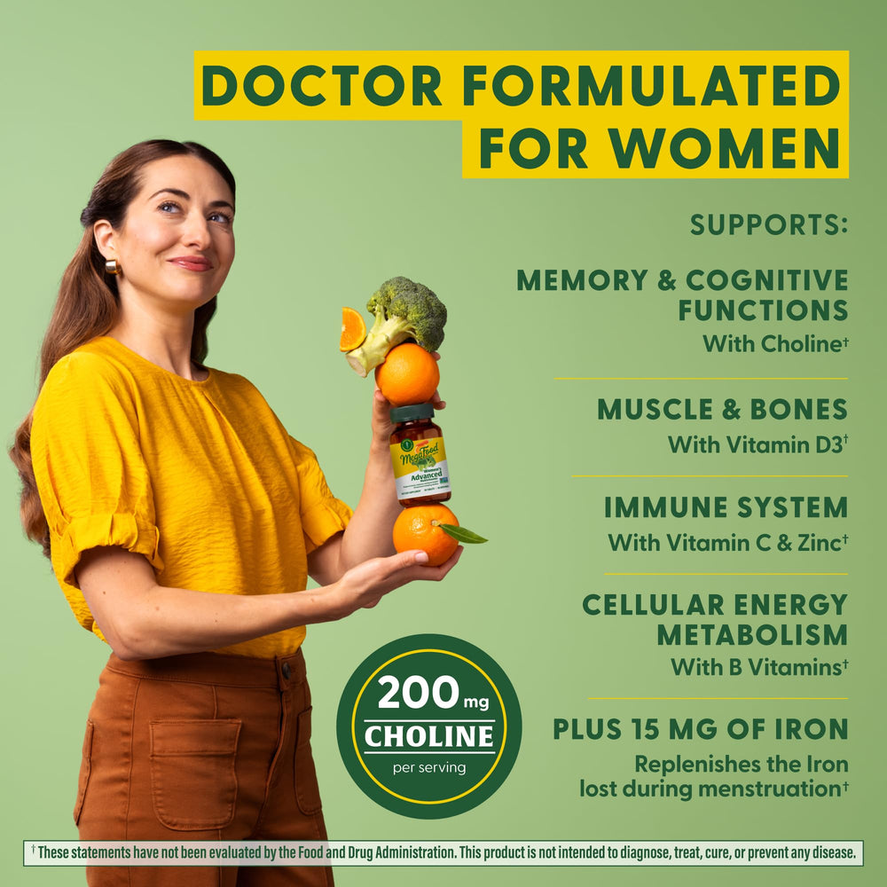 MegaFood Women's Advanced Multivitamin tablets dosage showing two-tablet daily plan