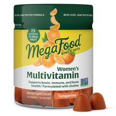 MegaFood Women's Multi Tangerine Bottle showing daily immune and bone support vitamins