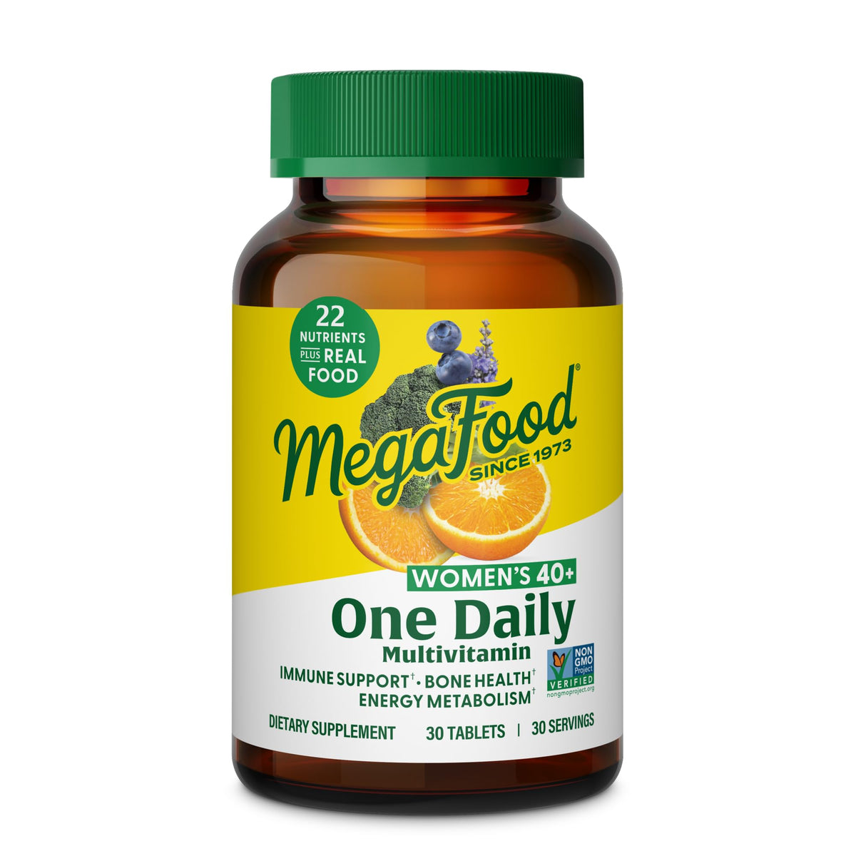 MegaFood Women 40+ multivitamin bottle front for daily energy support.