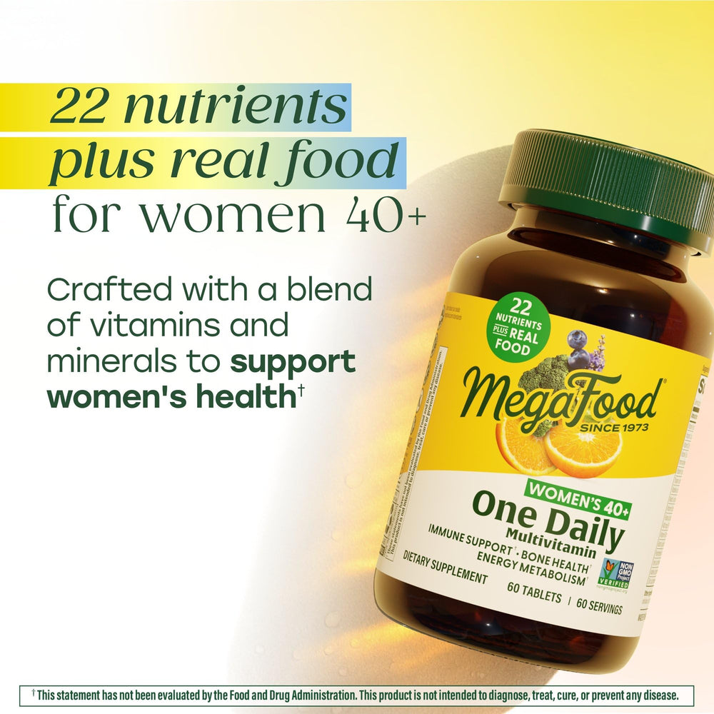 MegaFood Women 40+ ingredients glance highlights broccoli and berries.
