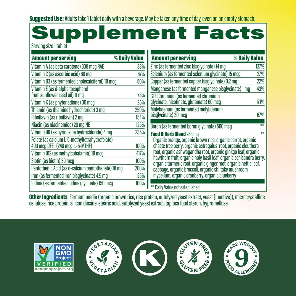 MegaFood Women 40+ tablets close-up showing methylated B12 and folate.
