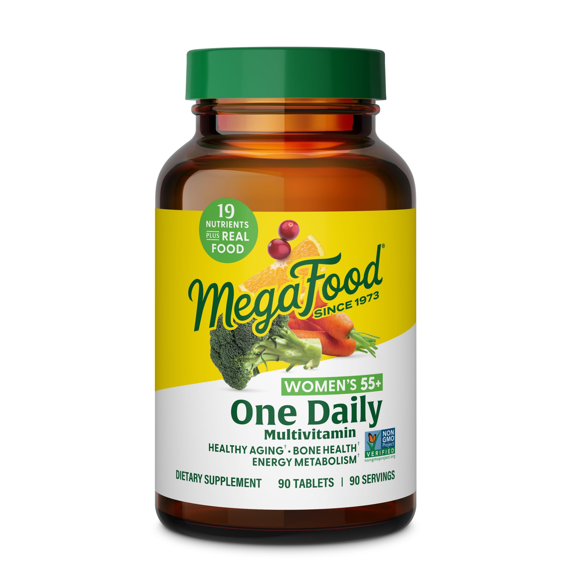 MegaFood Women 55+ multivitamin bottle front view for daily nourishment.