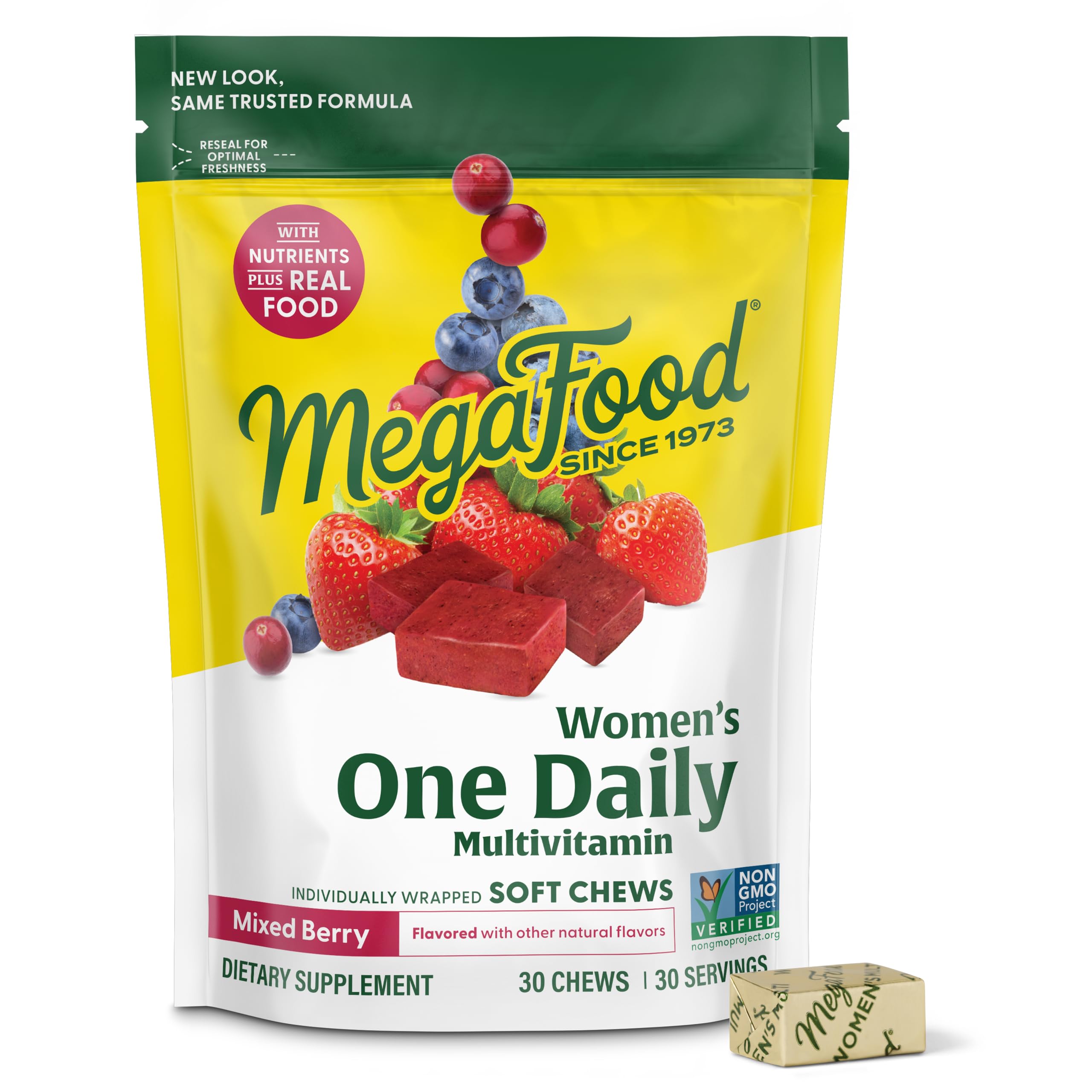MegaFood Women’s Multivitamin chews bottle with mixed berry flavor for daily energy and wellness.
