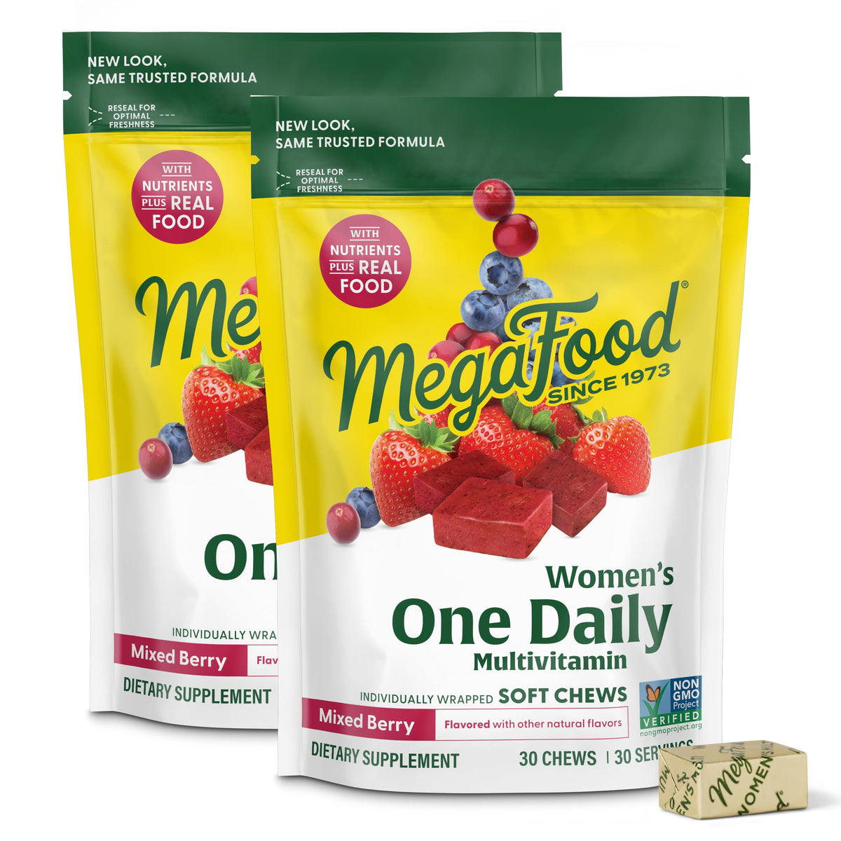 MegaFood Women's One Daily Multivitamin Soft Chews bottle, berry flavor for daily nutrient support