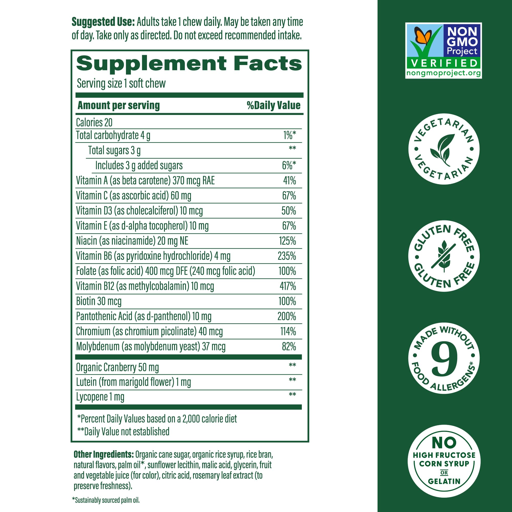 Close-up of MegaFood women's multivitamin soft chews in berry flavor for daily use