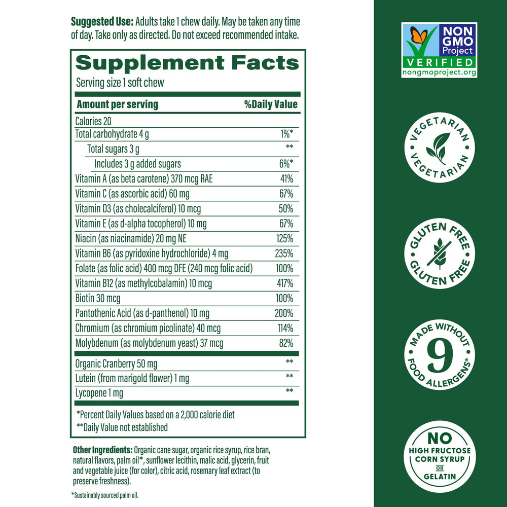 Close-up of MegaFood women's multivitamin soft chews in berry flavor for daily use