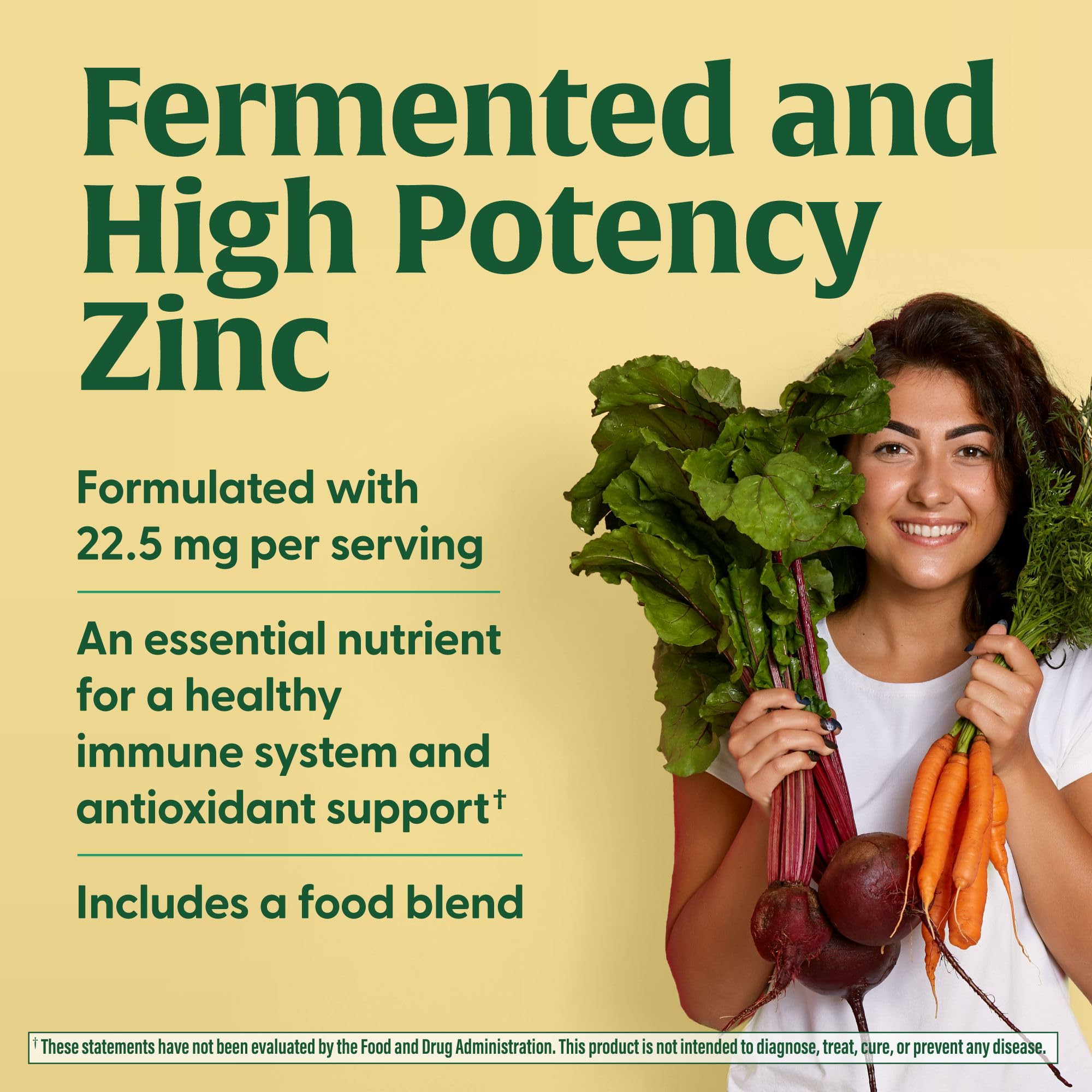 MegaFood zinc real-food ingredients label highlights spinach, parsley, carrot, broccoli, beetroot.