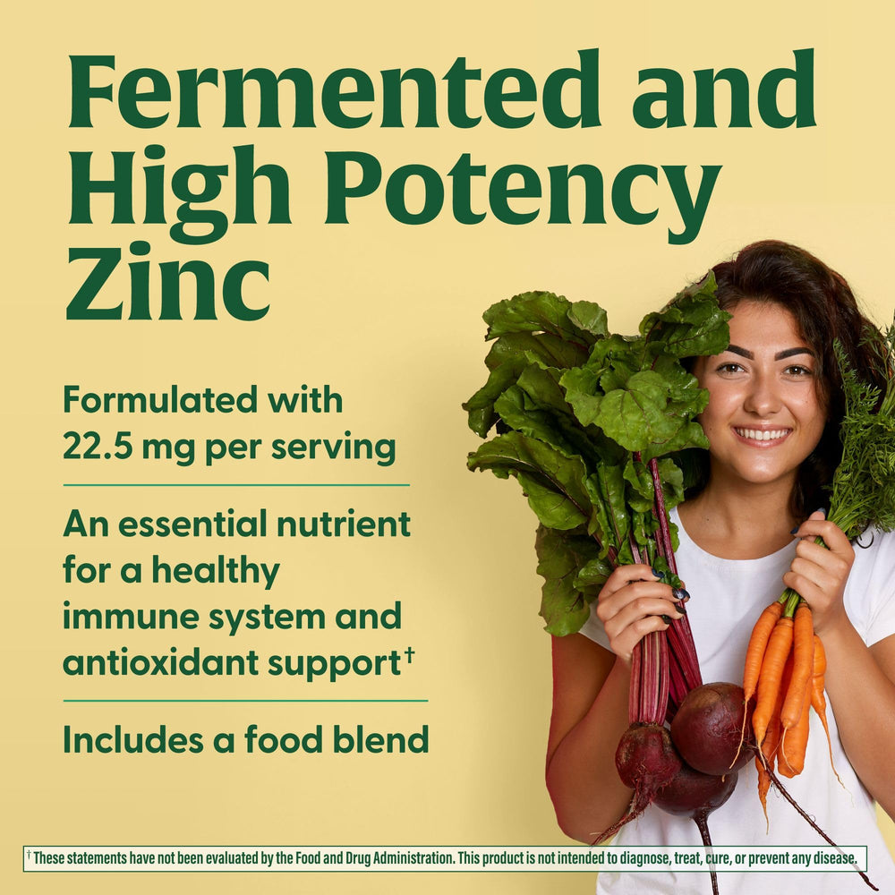 Real-food ingredients used in MegaFood zinc supplement (spinach, carrot, beetroot).