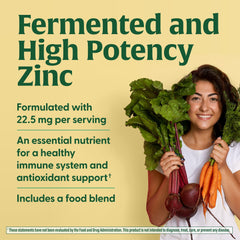 MegaFood zinc real-food ingredients label highlights spinach, parsley, carrot, broccoli, beetroot.