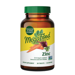 MegaFood Zinc bottle label highlighting 22.5 mg zinc for daily immune support.