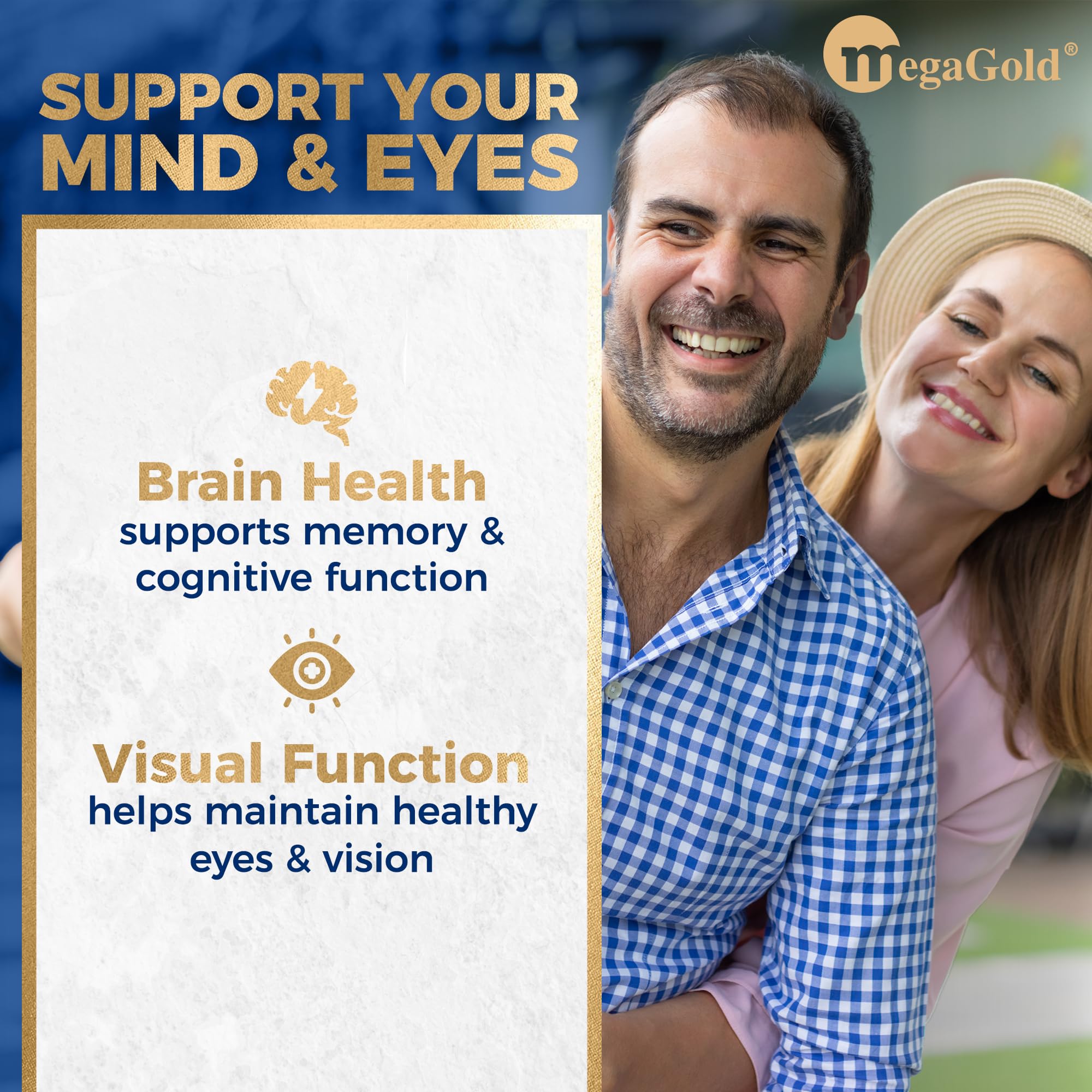 MegaGold omega-3 bottle signals brain and eye support potential.