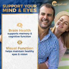 MegaGold omega-3 bottle signals brain and eye support potential.