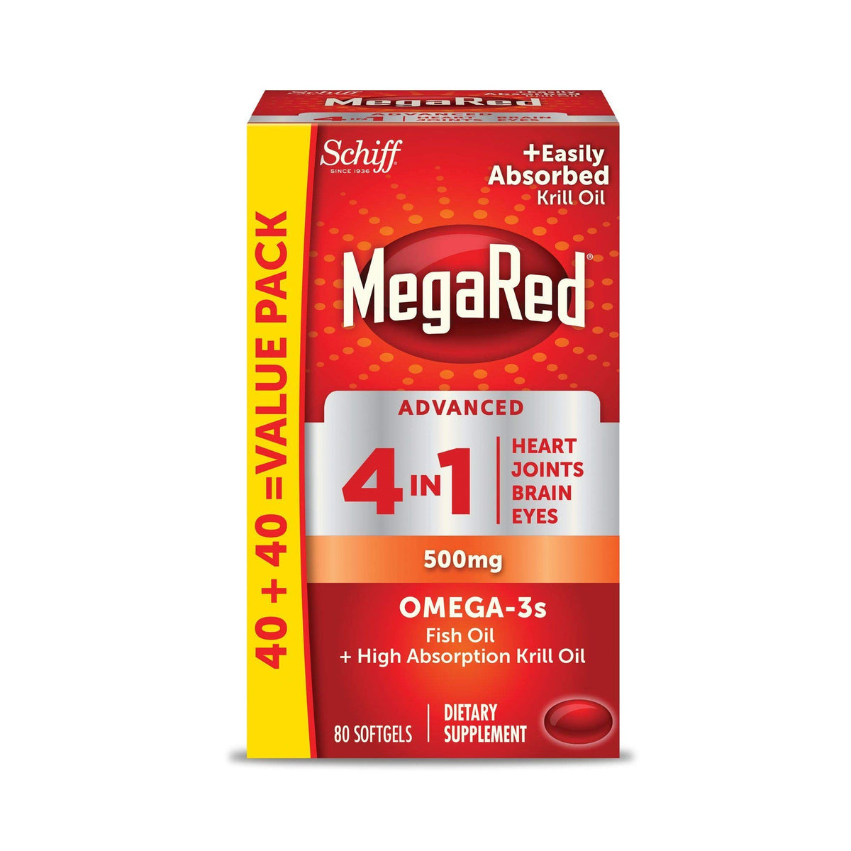 MegaRed Advanced 4-in-1 bottle with softgels supports heart, brain, joints, and eyes.