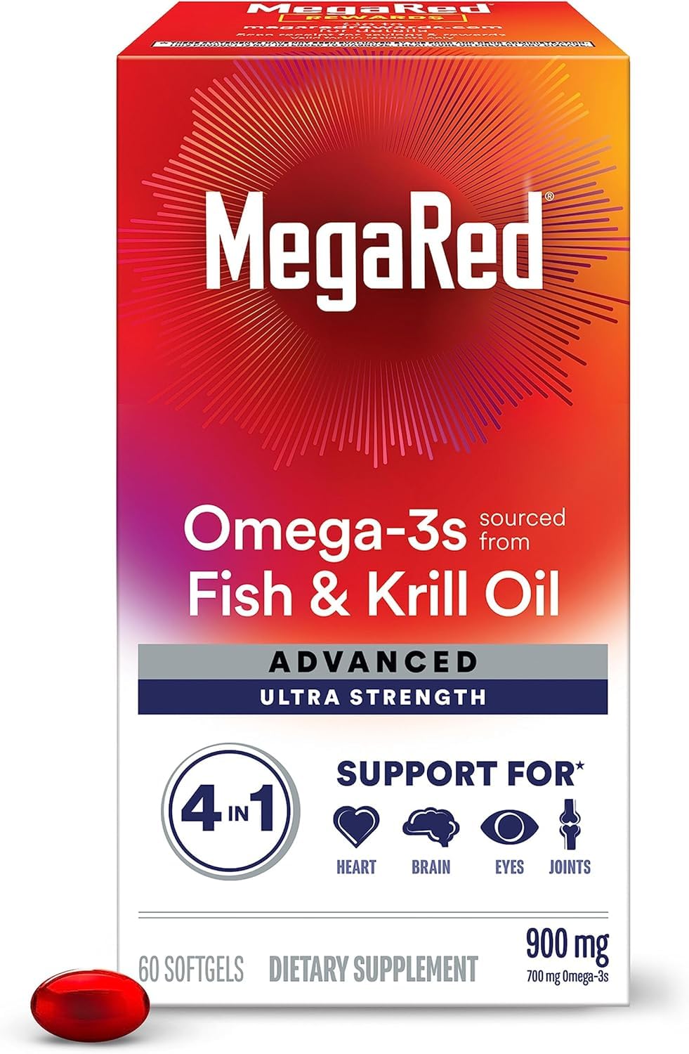 MegaRed Advanced 4in1 softgel bottle supports heart, joints, brain, and eye health.