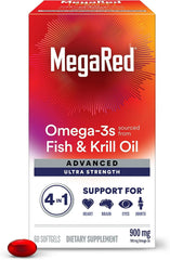 MegaRed Advanced 4in1 softgel bottle supports heart, joints, brain, and eye health.