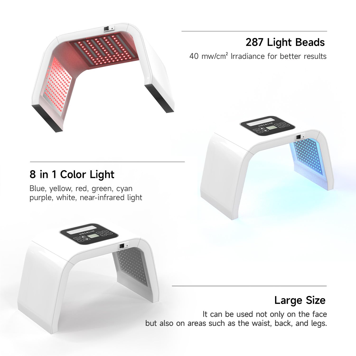 Megelin color LED lights close-up displaying multiple wavelengths for personalized sessions.